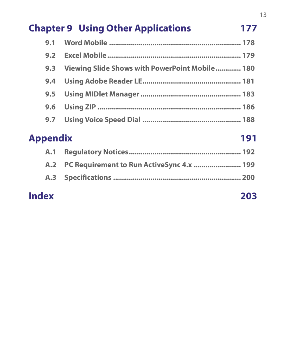 HTC P3400 manual Using Other Applications, Appendix, Index 