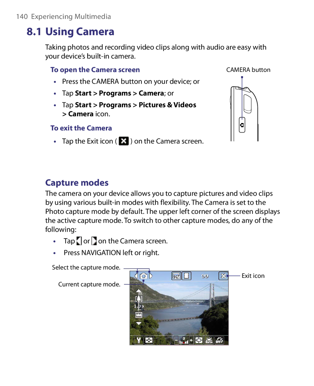 HTC P3400 manual Using Camera, Capture modes, To open the Camera screen, To exit the Camera 