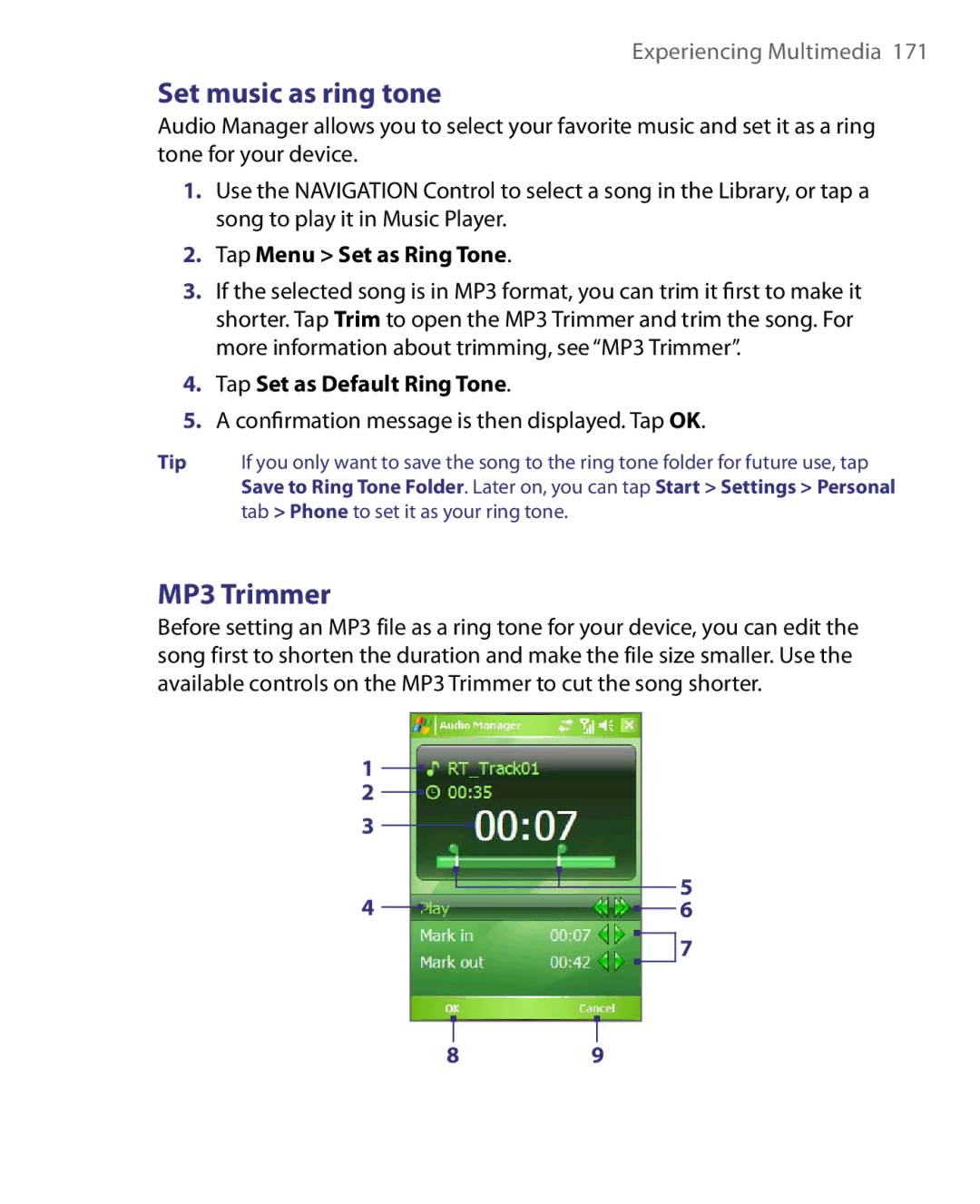 HTC P3400 manual Set music as ring tone, MP3 Trimmer, Tap Menu Set as Ring Tone, Tap Set as Default Ring Tone 