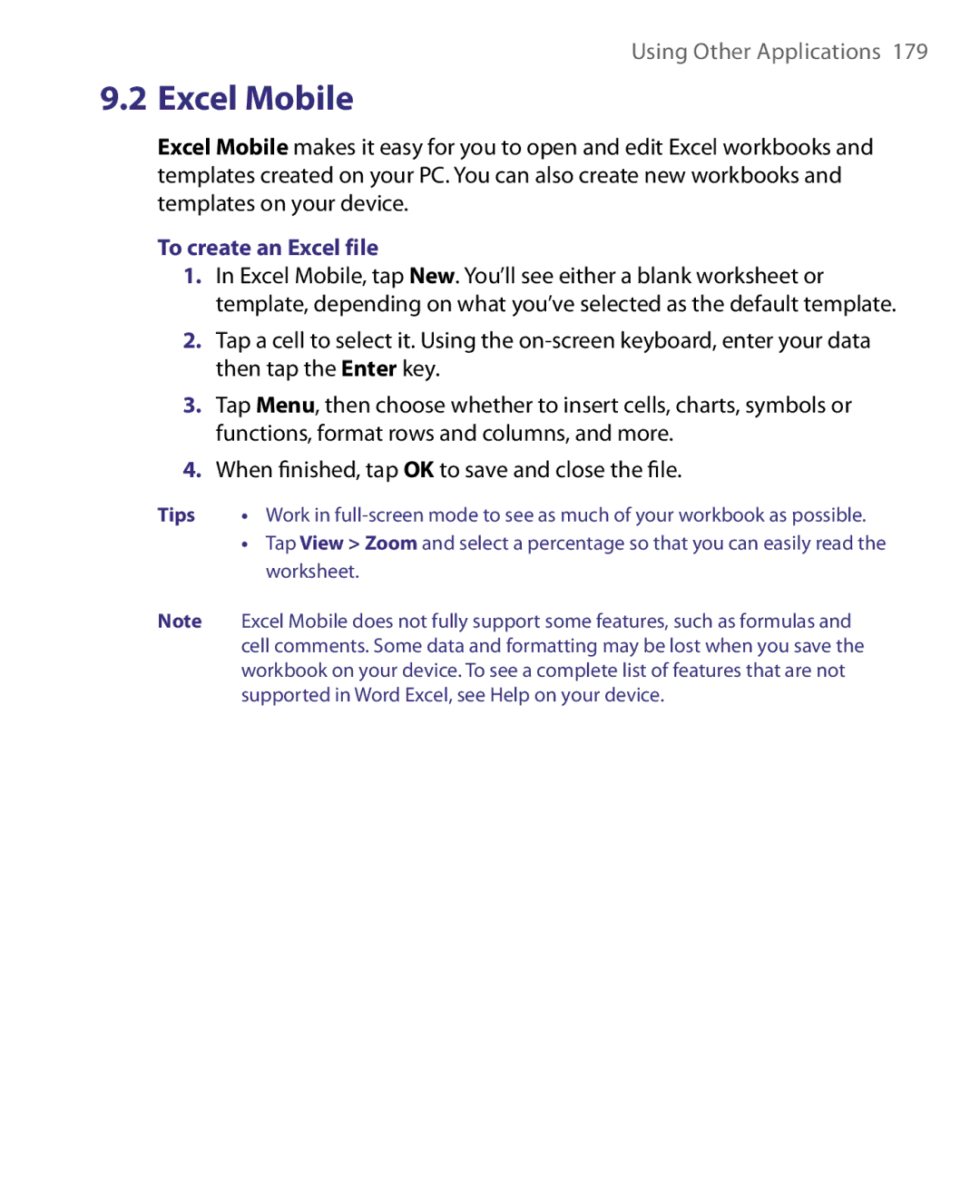 HTC P3400 manual To create an Excel file, Worksheet 