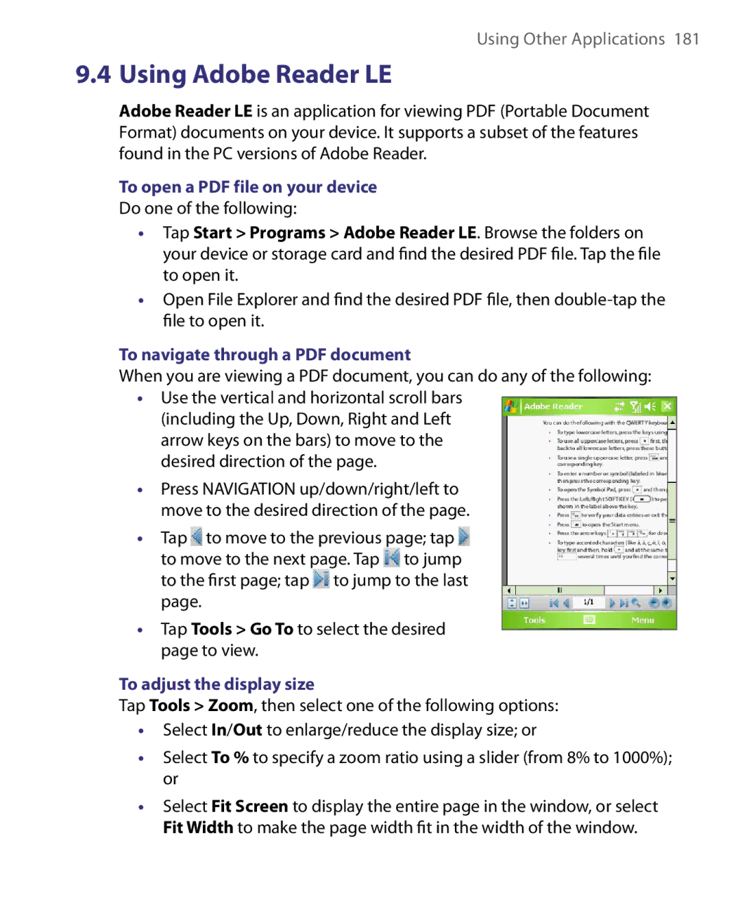 HTC P3400 manual Using Adobe Reader LE, To adjust the display size 