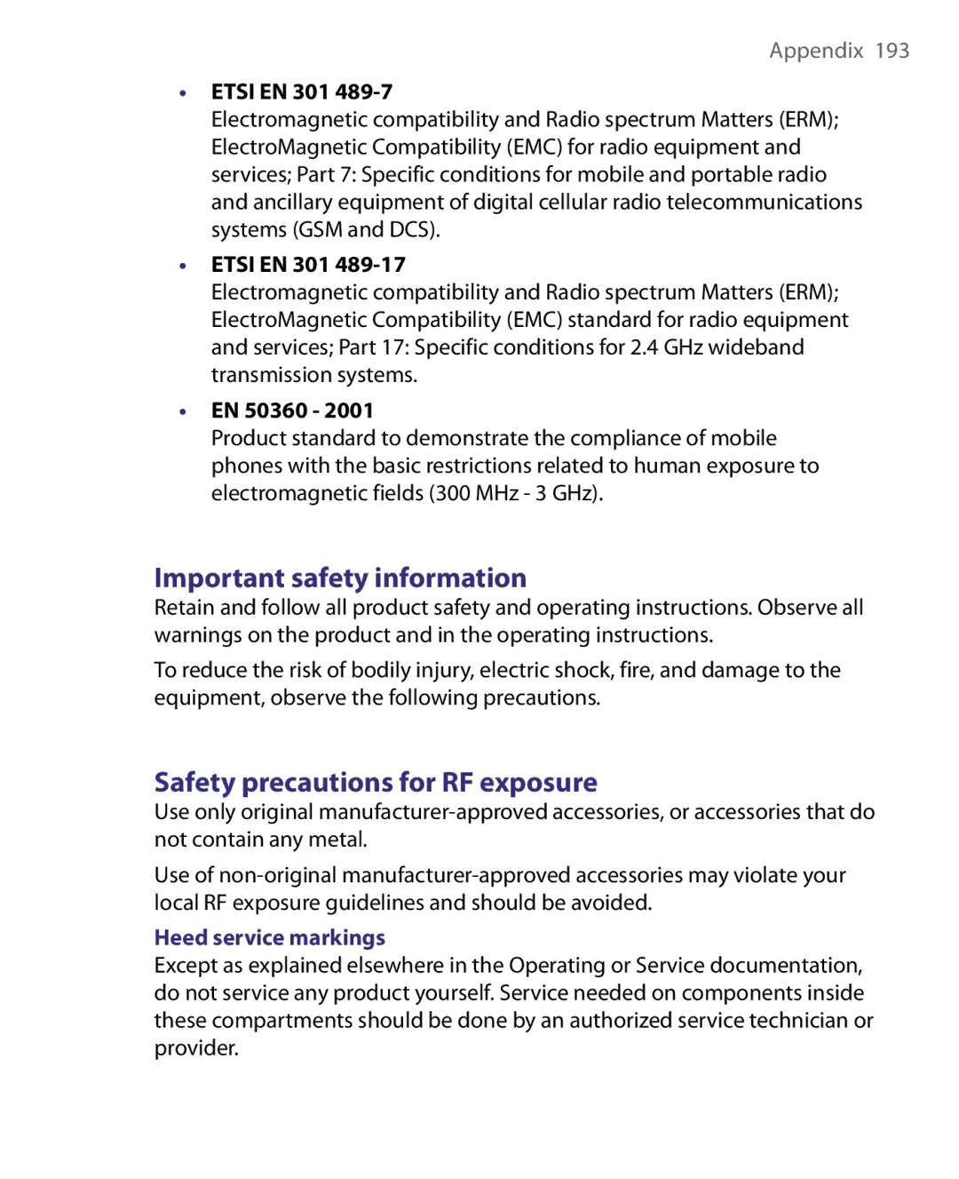 HTC P3400 manual Important safety information, Safety precautions for RF exposure, EN 50360, Heed service markings 