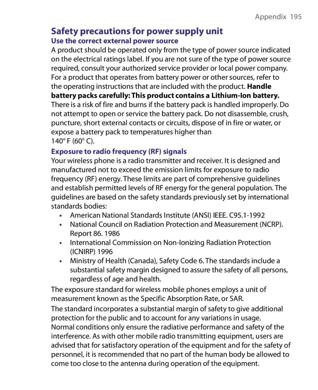 HTC P3400 manual Safety precautions for power supply unit, Use the correct external power source 