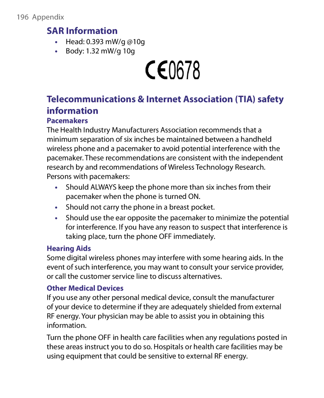 HTC P3400 manual SAR Information, Pacemakers, Hearing Aids, Other Medical Devices 