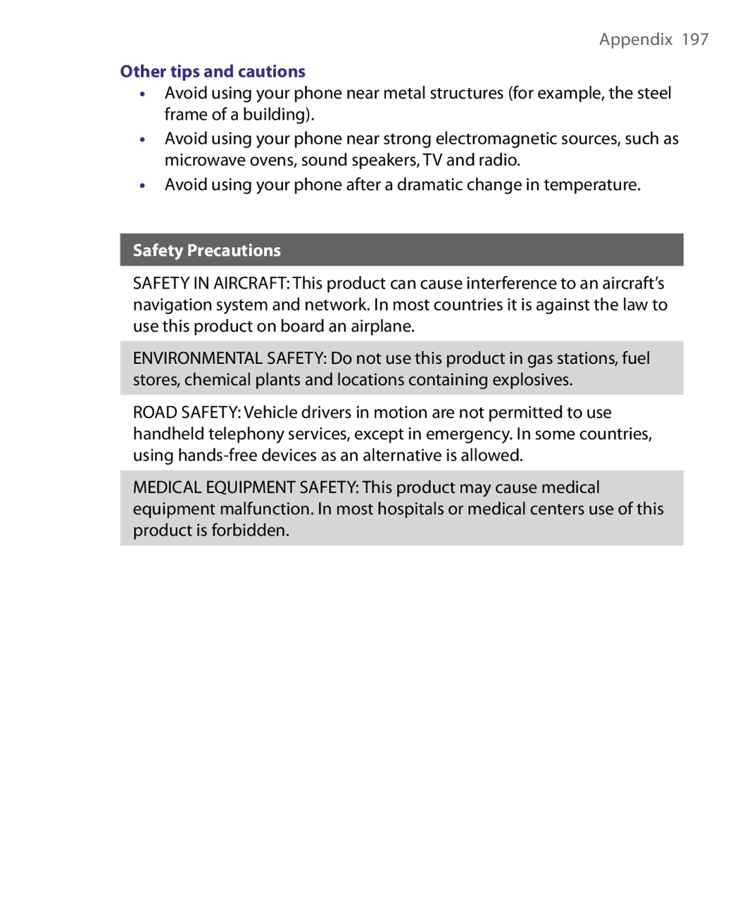 HTC P3400 manual Other tips and cautions, Safety Precautions 