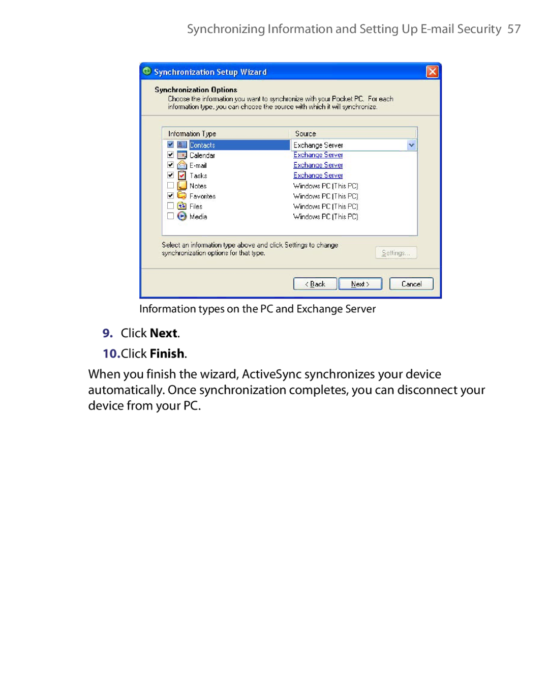 HTC P3400 manual Information types on the PC and Exchange Server 