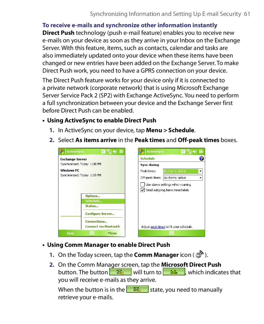 HTC P3400 manual Using ActiveSync to enable Direct Push, Using Comm Manager to enable Direct Push 