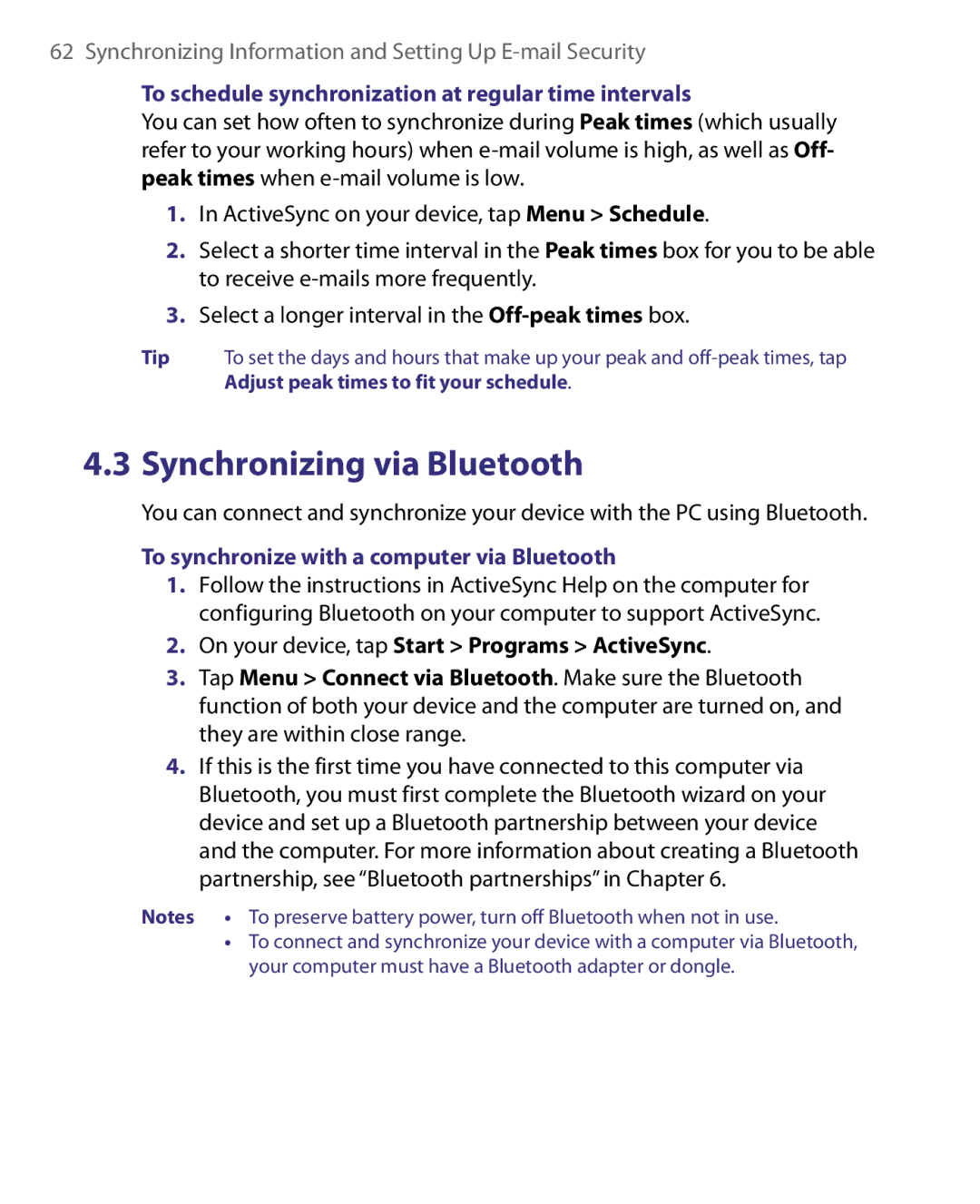 HTC P3400 manual To schedule synchronization at regular time intervals, To synchronize with a computer via Bluetooth 