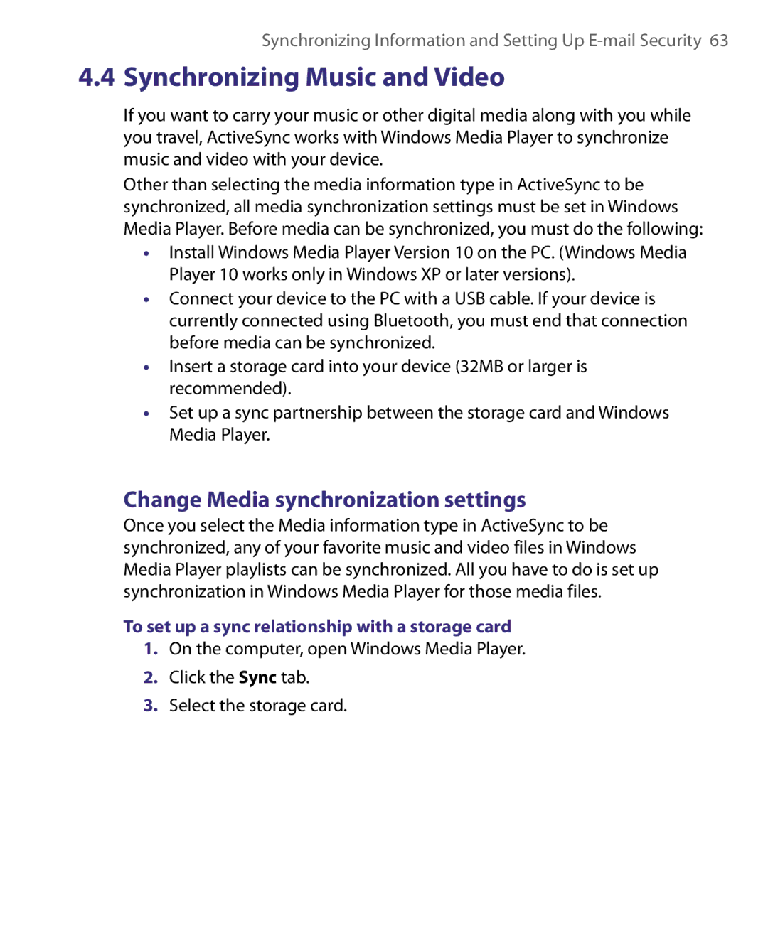 HTC P3400 manual Change Media synchronization settings, To set up a sync relationship with a storage card 