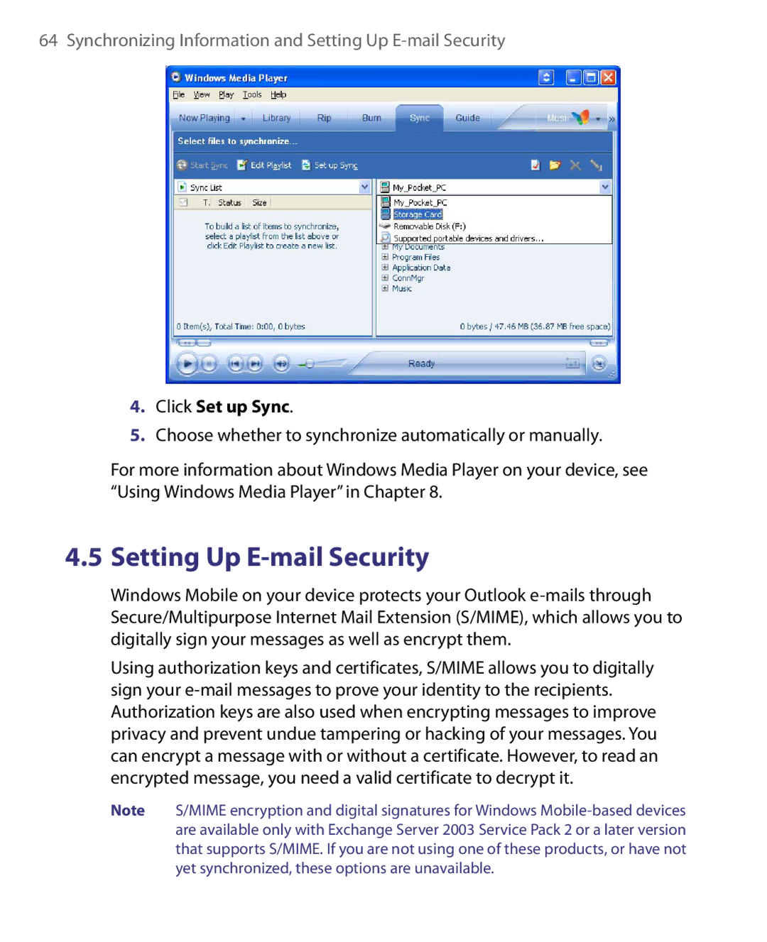 HTC P3400 manual Setting Up E-mail Security, Click Set up Sync 