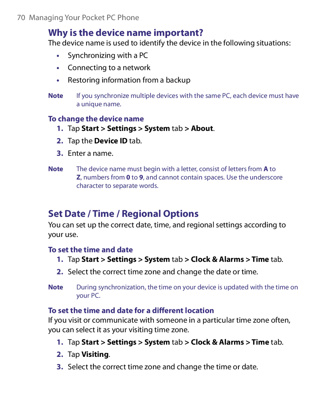 HTC P3400 manual Why is the device name important?, Set Date / Time / Regional Options, To change the device name 