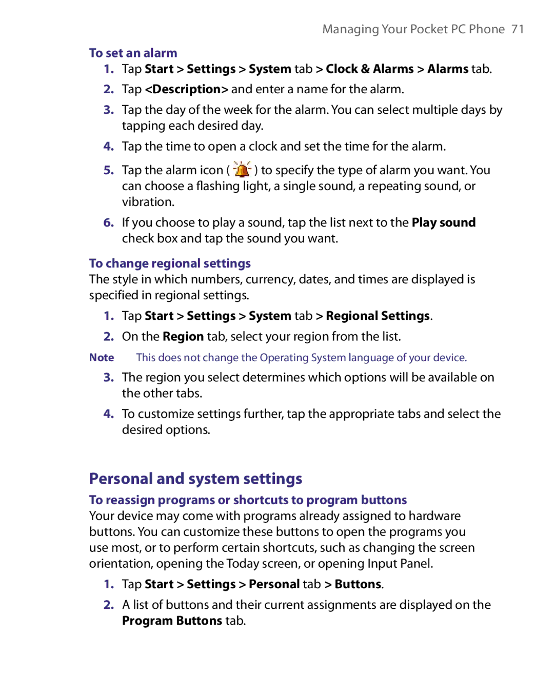 HTC P3400 manual Personal and system settings, To set an alarm, To change regional settings 