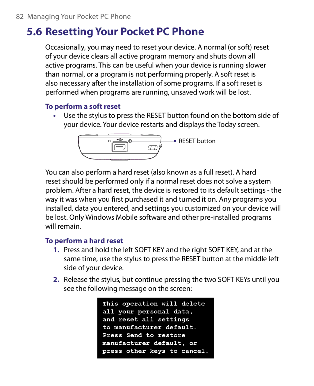 HTC P3400 manual To perform a soft reset, To perform a hard reset 