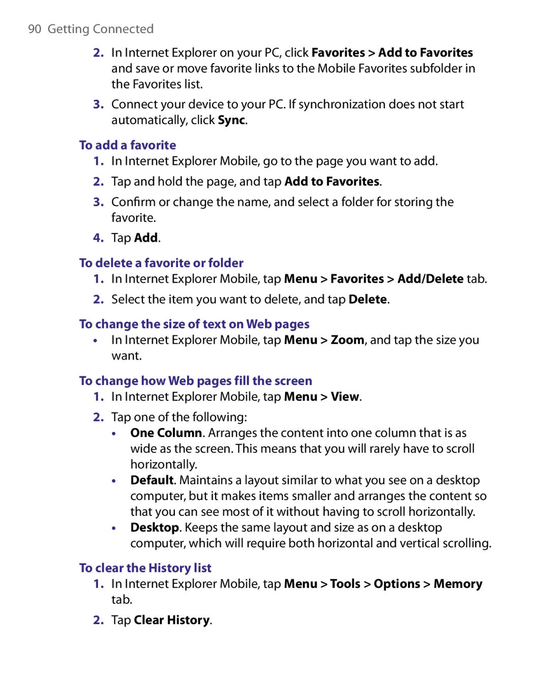 HTC P3400 manual To add a favorite, To delete a favorite or folder, To change the size of text on Web pages 