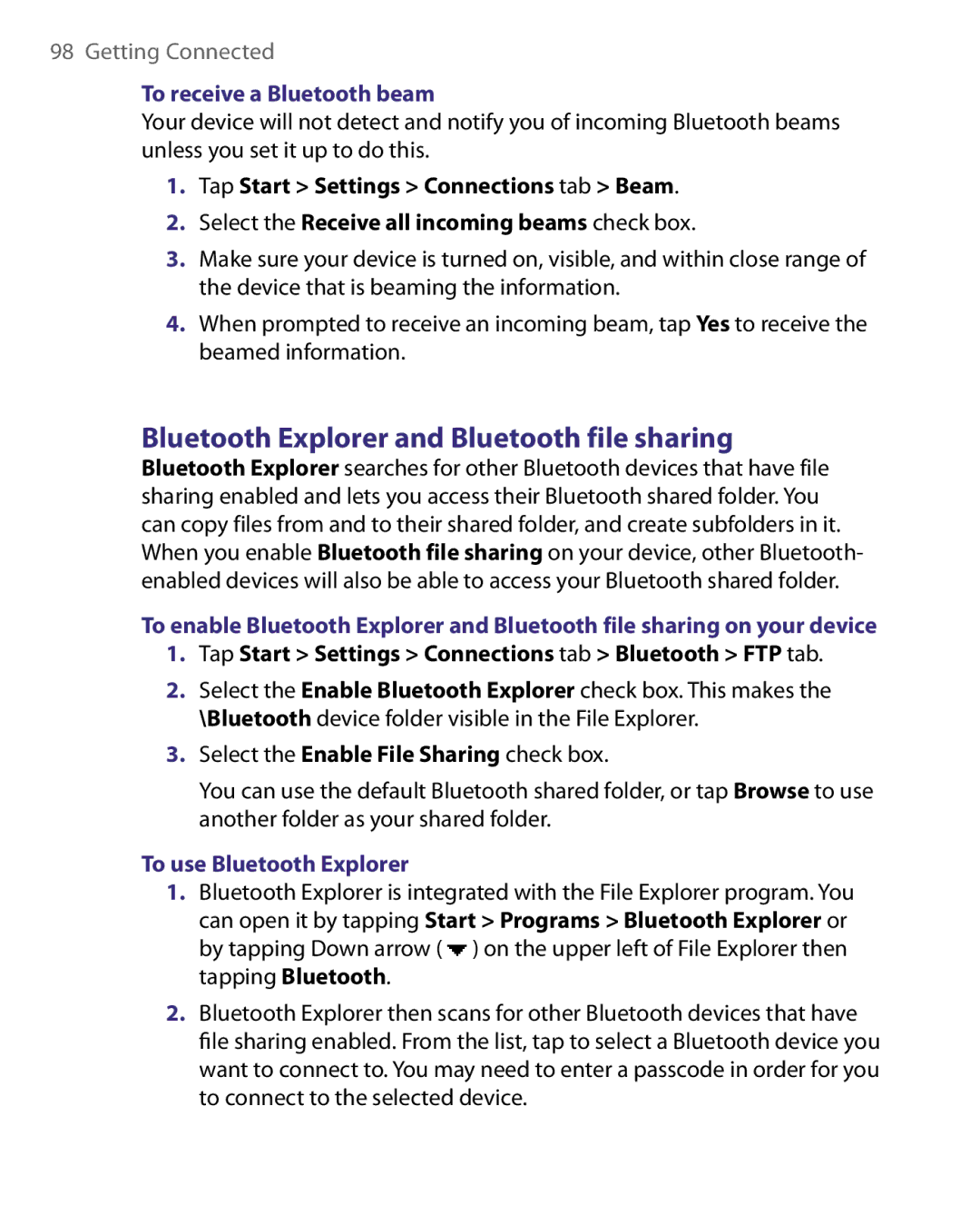 HTC P3400 manual Bluetooth Explorer and Bluetooth file sharing, To receive a Bluetooth beam, To use Bluetooth Explorer 