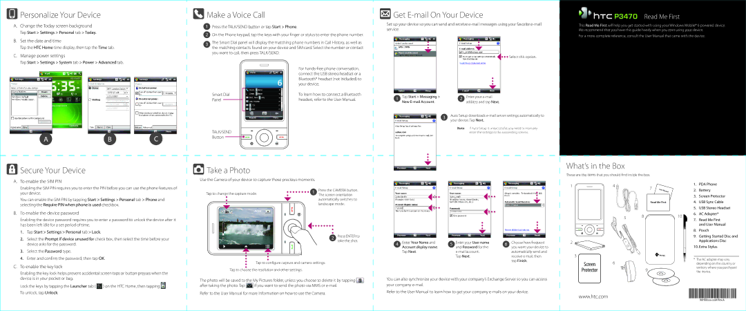 HTC P3470 user manual Personalize Your Device, Make a Voice Call, Get E-mail On Your Device, Secure Your Device 