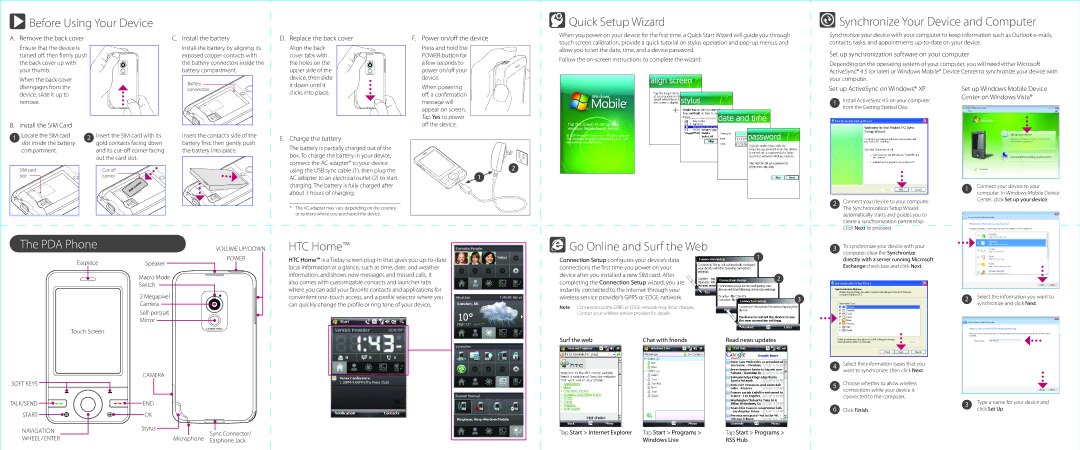 HTC P3470 user manual Before Using Your Device, Quick Setup Wizard, Synchronize Your Device and Computer, HTC Home 