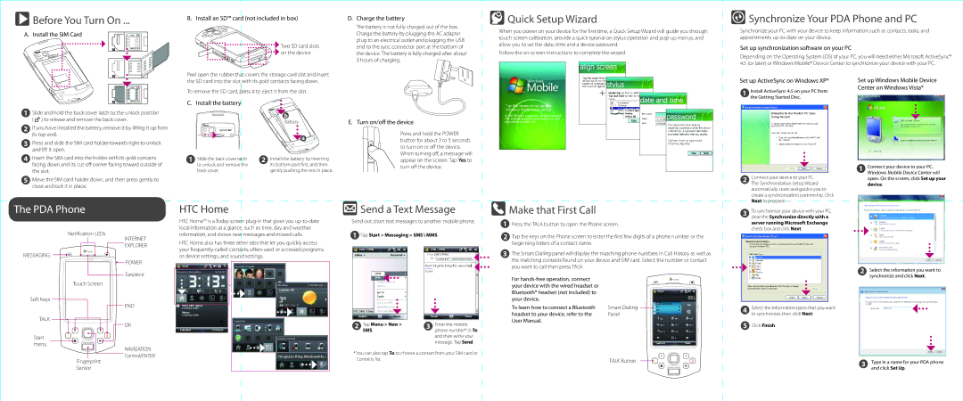 HTC P6500 Before You Turn On, Quick Setup Wizard, Synchronize Your PDA Phone and PC, HTC Home, Send a Text Message 