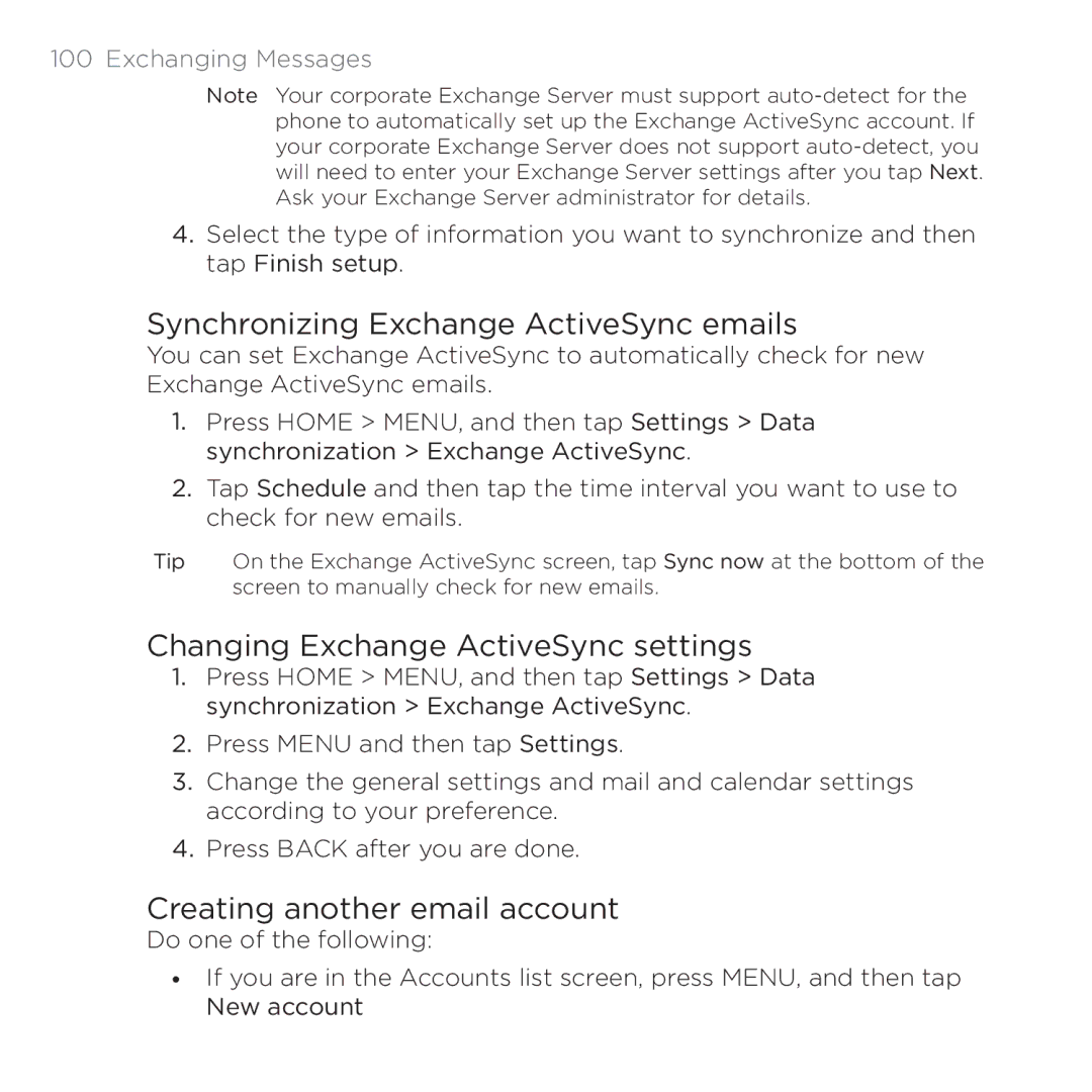 HTC PB00100 user manual Synchronizing Exchange ActiveSync emails, Changing Exchange ActiveSync settings 