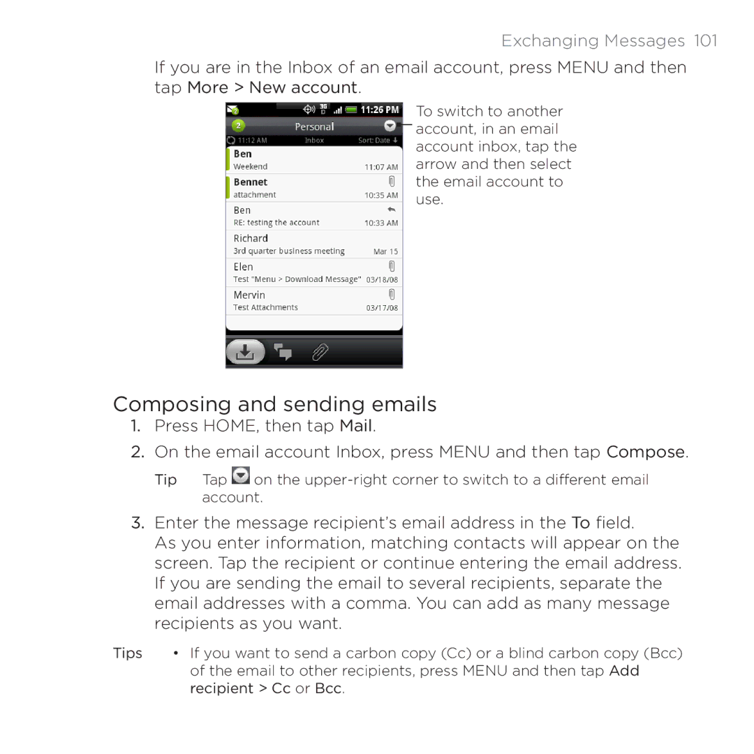 HTC PB00100 user manual Composing and sending emails 