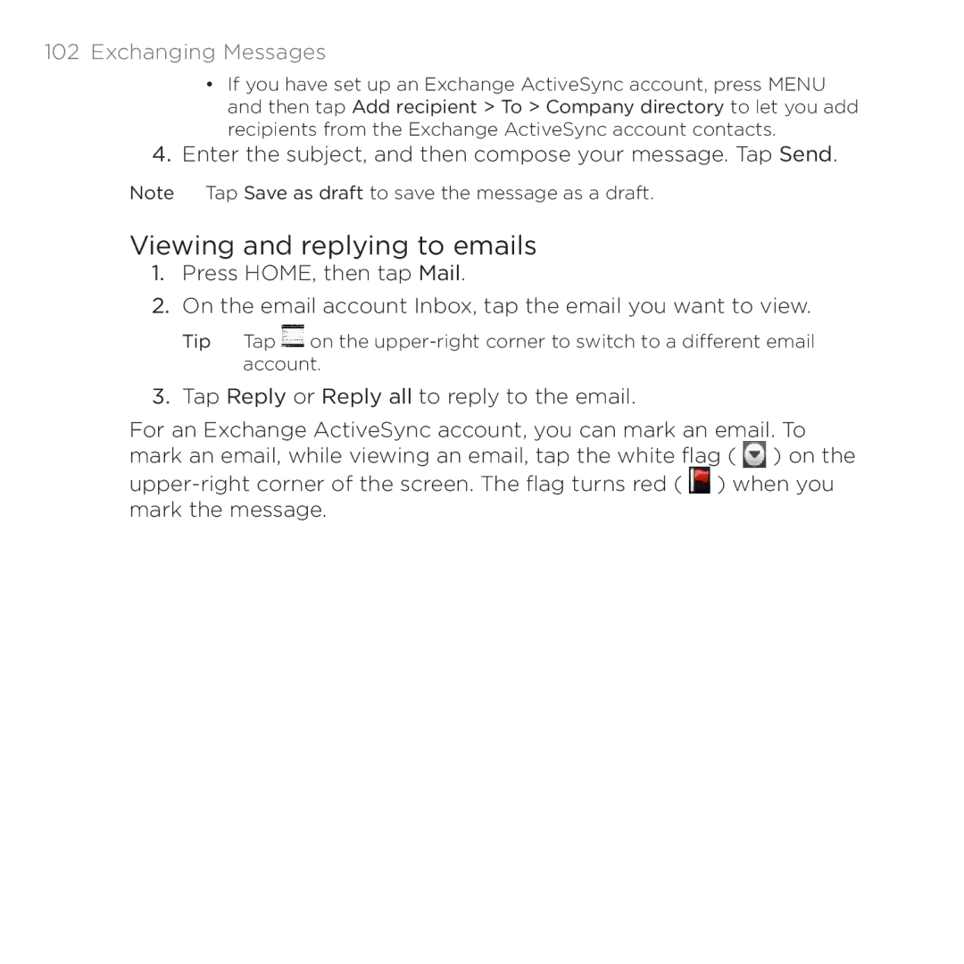 HTC PB00100 user manual Viewing and replying to emails 