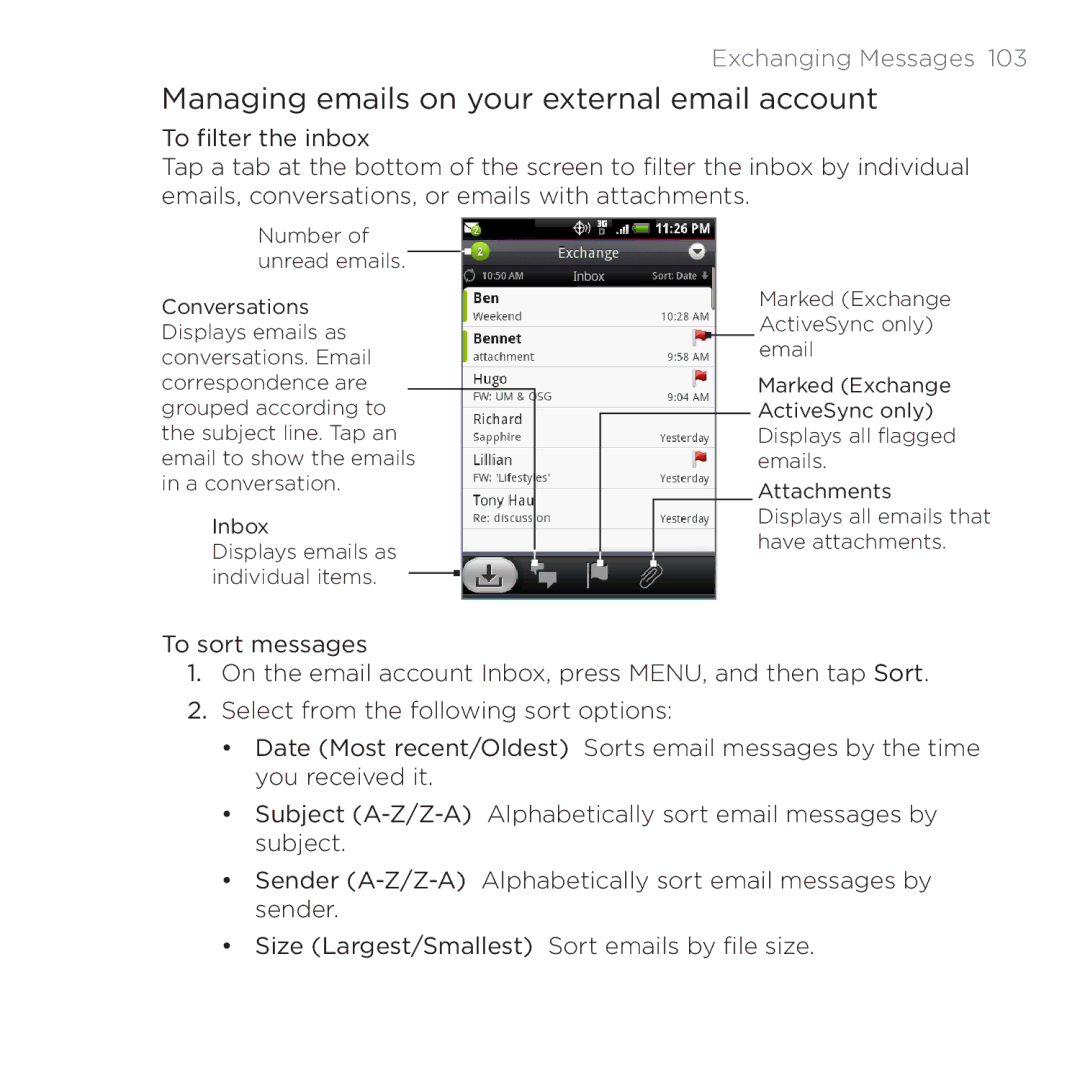 HTC PB00100 user manual Managing emails on your external email account 