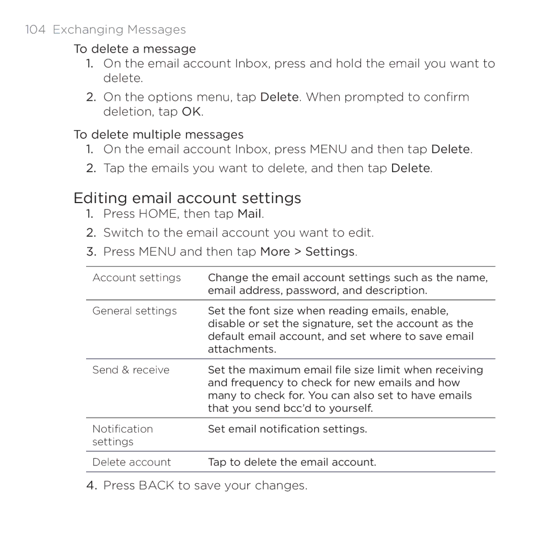 HTC PB00100 user manual Editing email account settings 