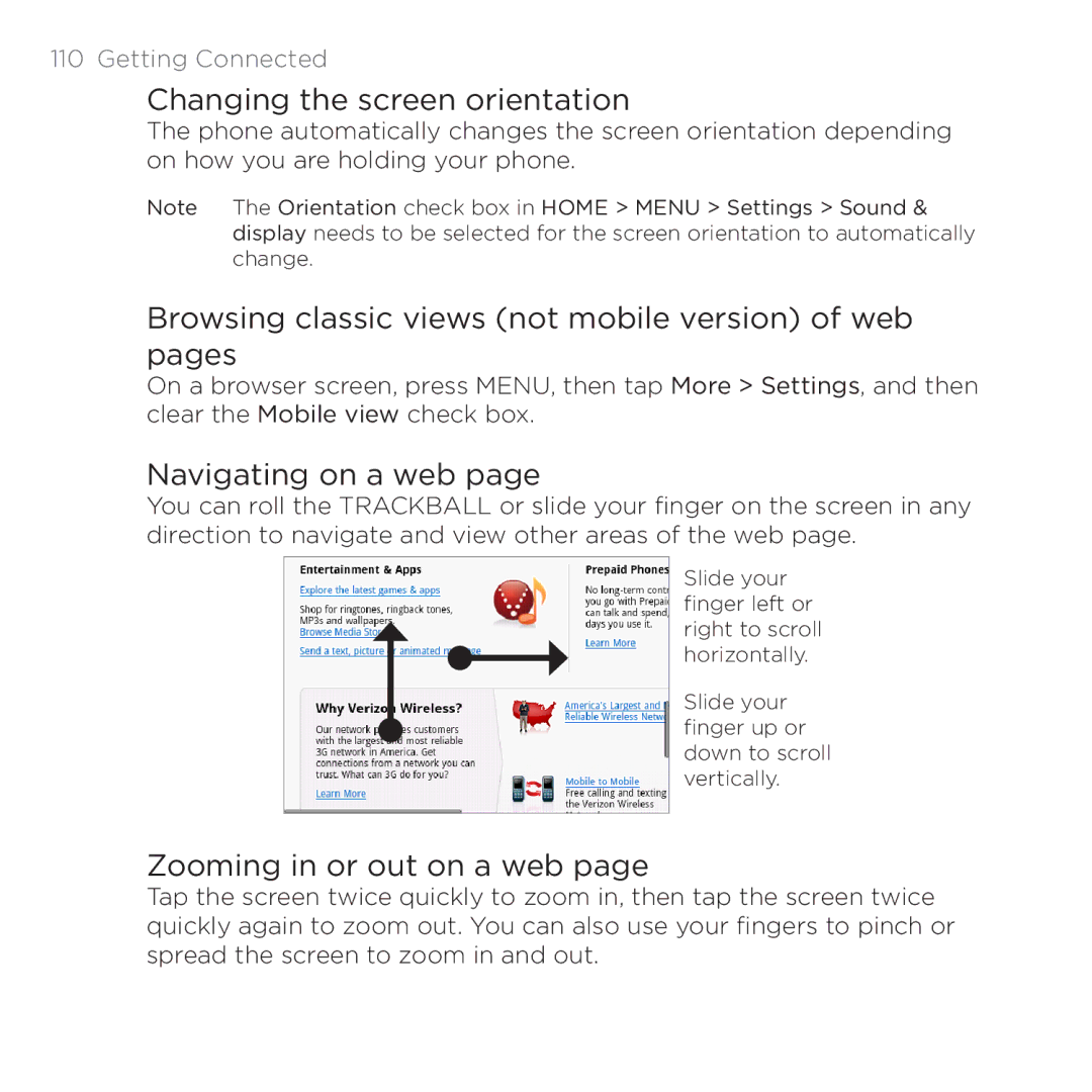 HTC PB00100 Changing the screen orientation, Browsing classic views not mobile version of web pages, Navigating on a web 