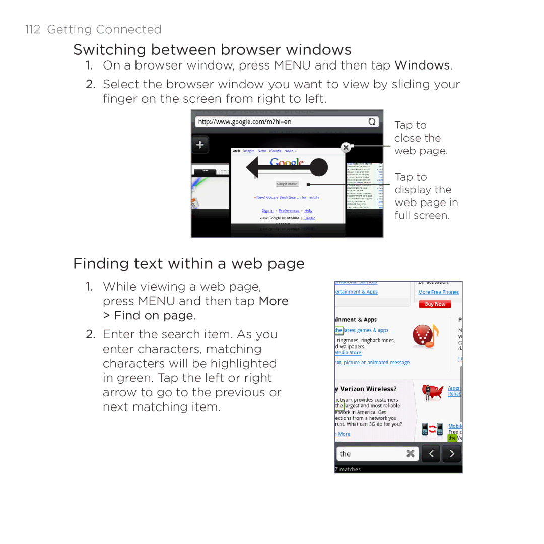 HTC PB00100 user manual Switching between browser windows, Finding text within a web 