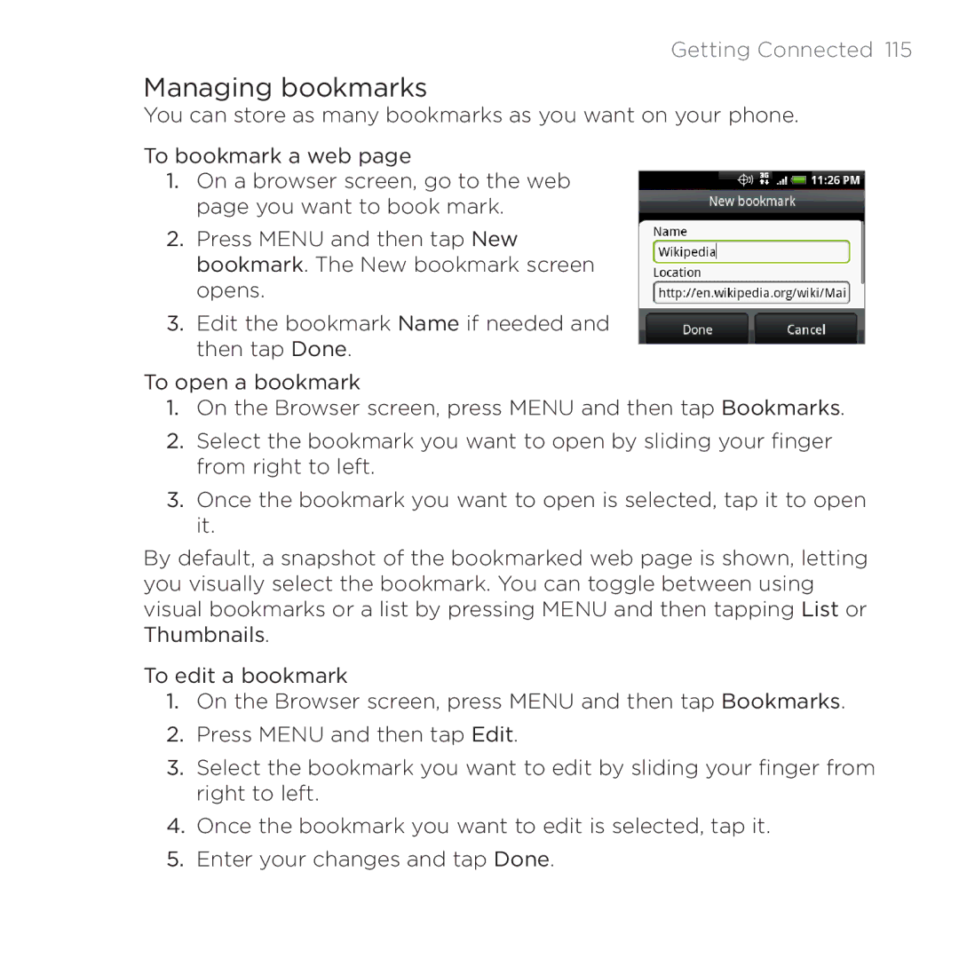 HTC PB00100 user manual Managing bookmarks 