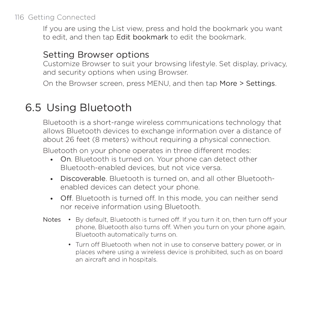 HTC PB00100 user manual Using Bluetooth, Setting Browser options 