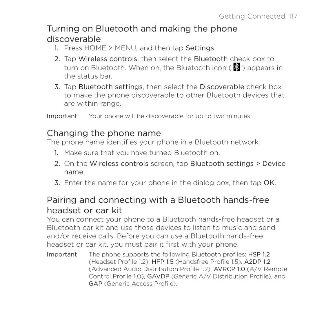 HTC PB00100 user manual Turning on Bluetooth and making the phone discoverable, Changing the phone name 