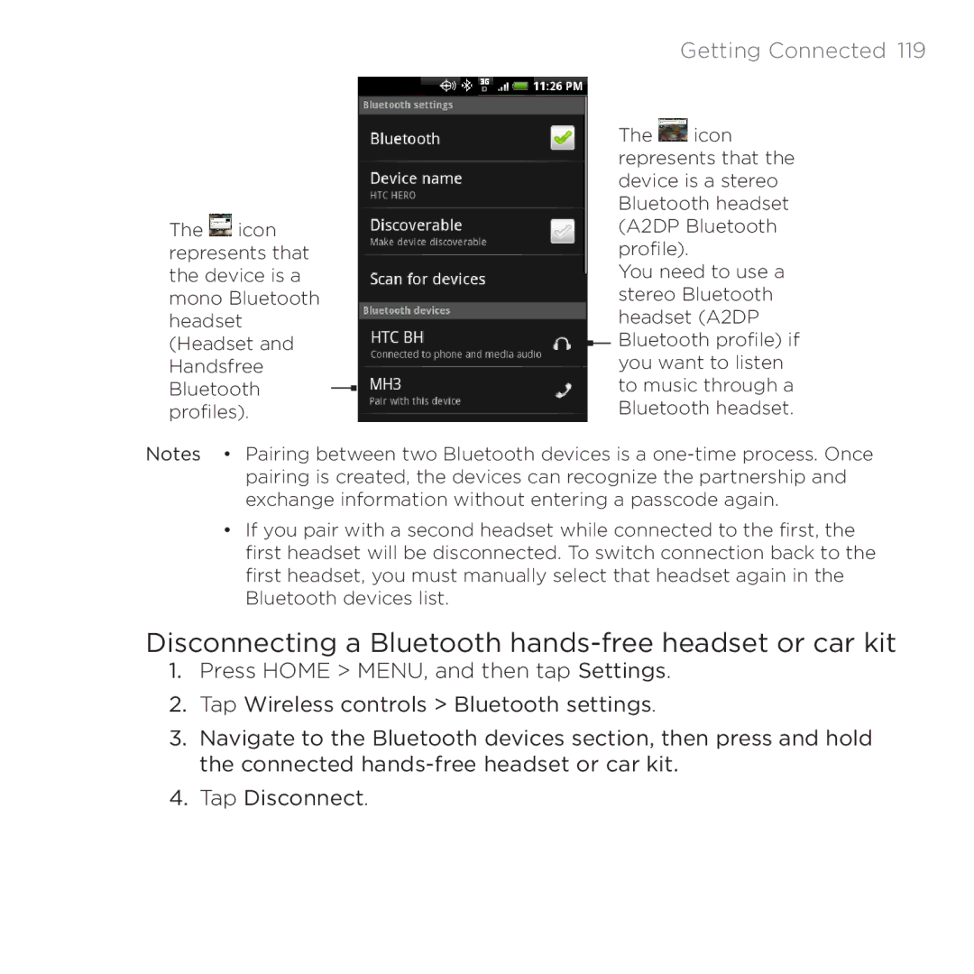 HTC PB00100 user manual Disconnecting a Bluetooth hands-free headset or car kit 