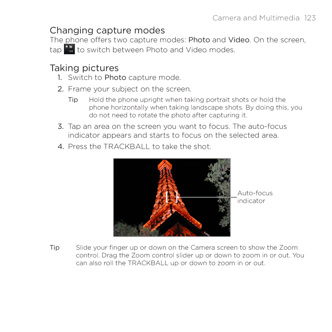 HTC PB00100 user manual Changing capture modes, Taking pictures 