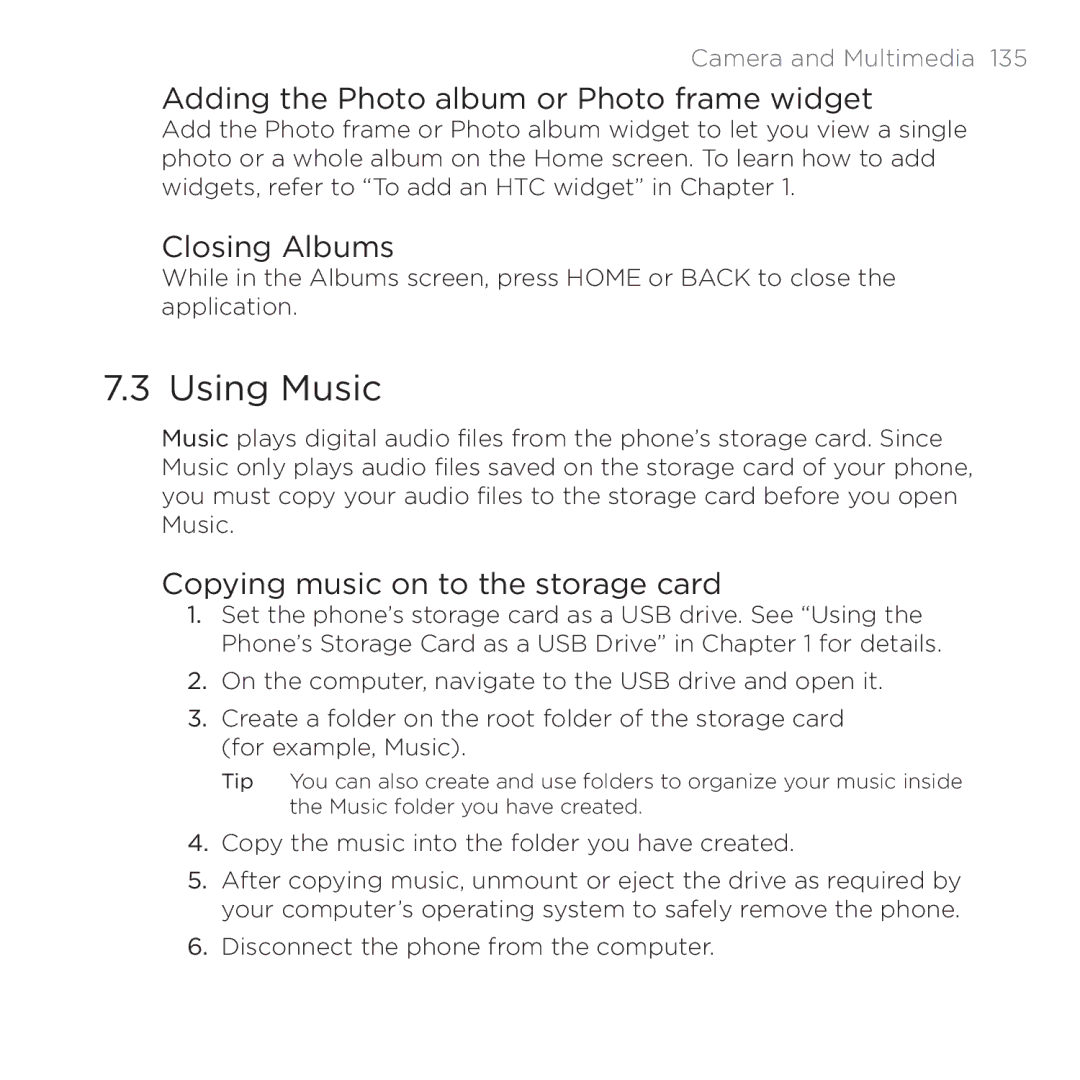 HTC PB00100 user manual Using Music, Adding the Photo album or Photo frame widget, Closing Albums 