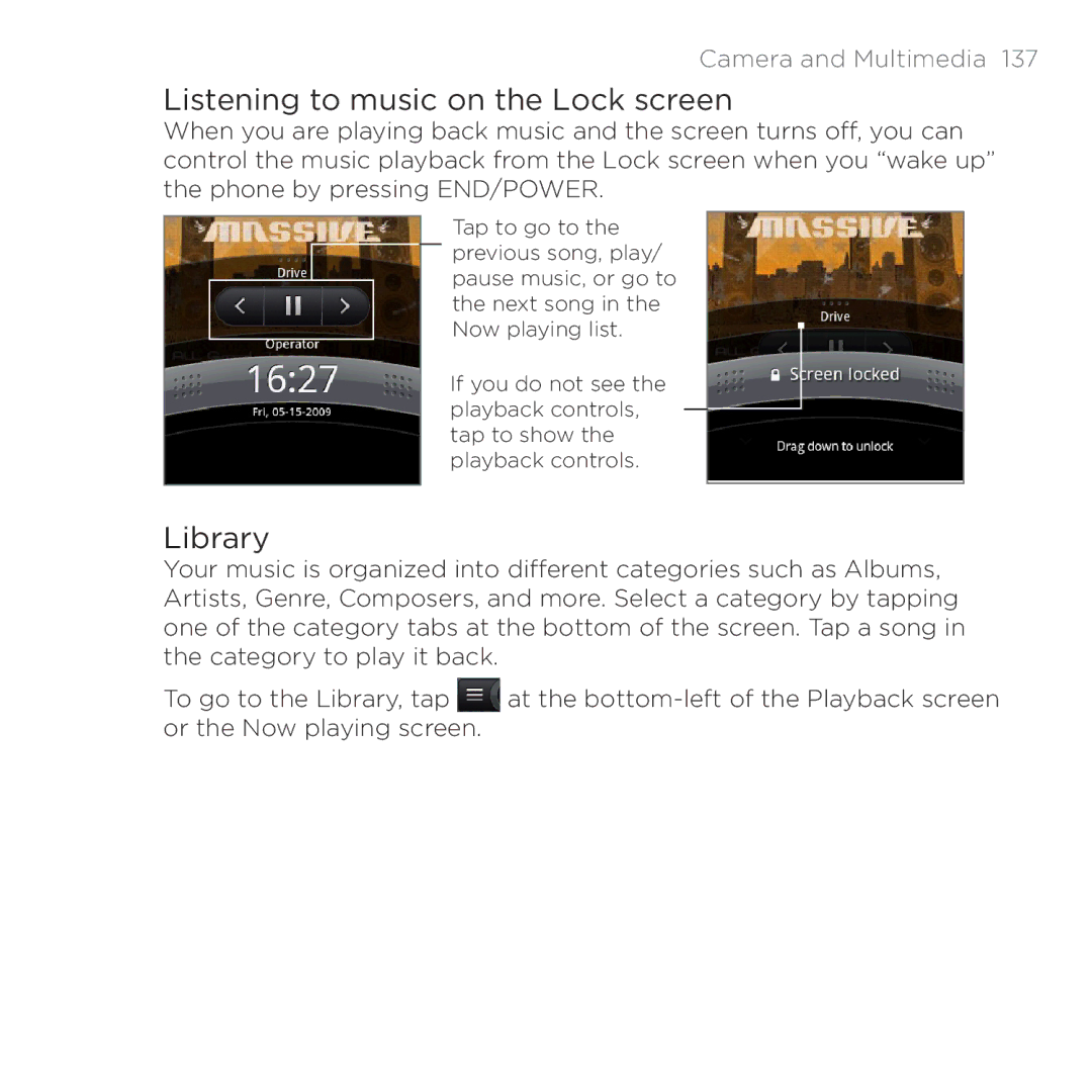 HTC PB00100 user manual Listening to music on the Lock screen, Library 