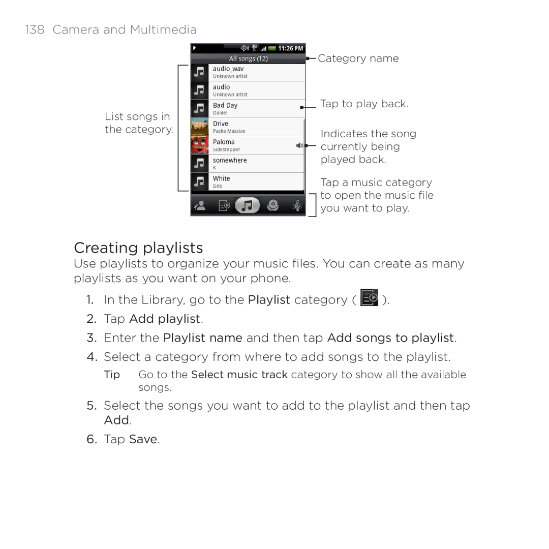 HTC PB00100 user manual Creating playlists 