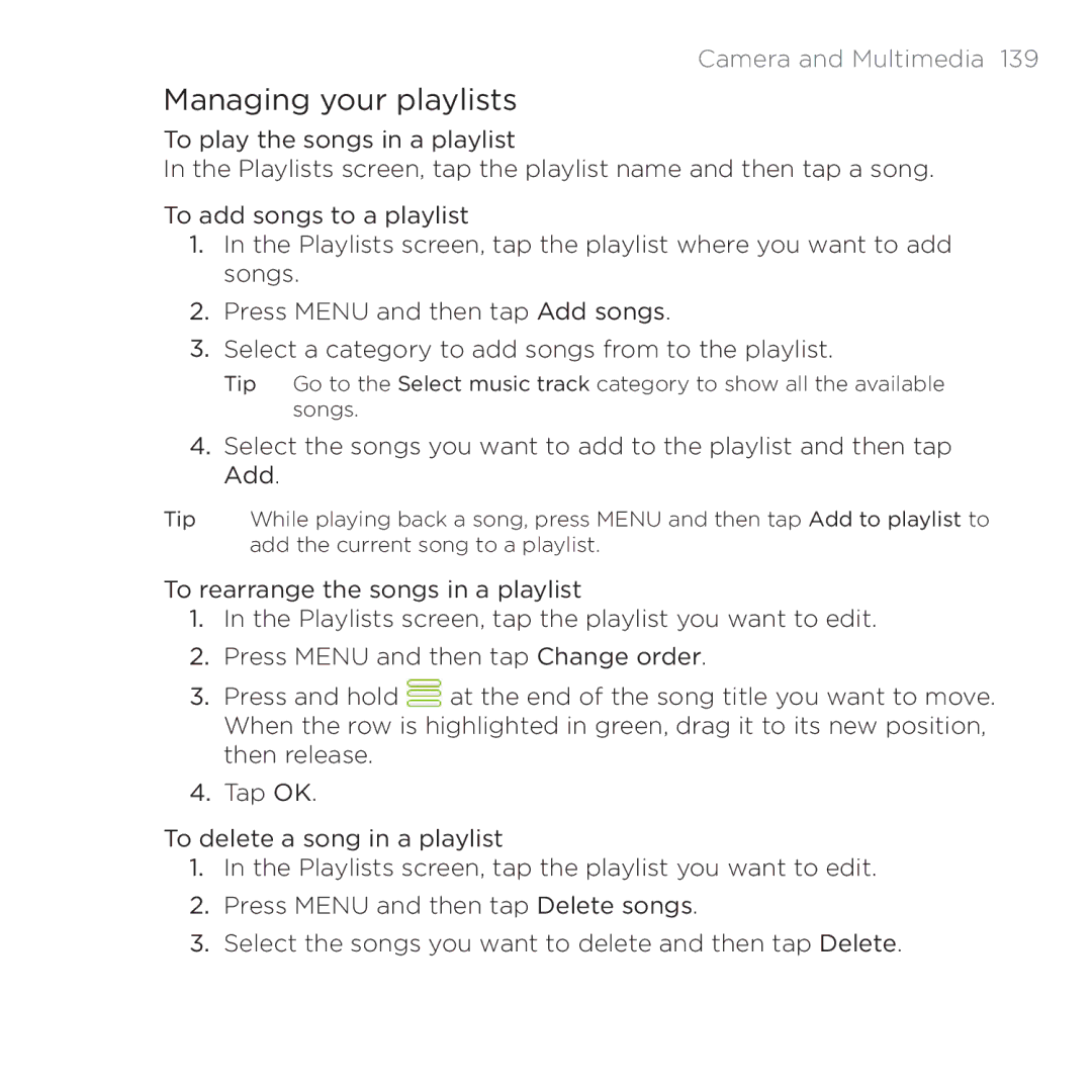 HTC PB00100 user manual Managing your playlists 