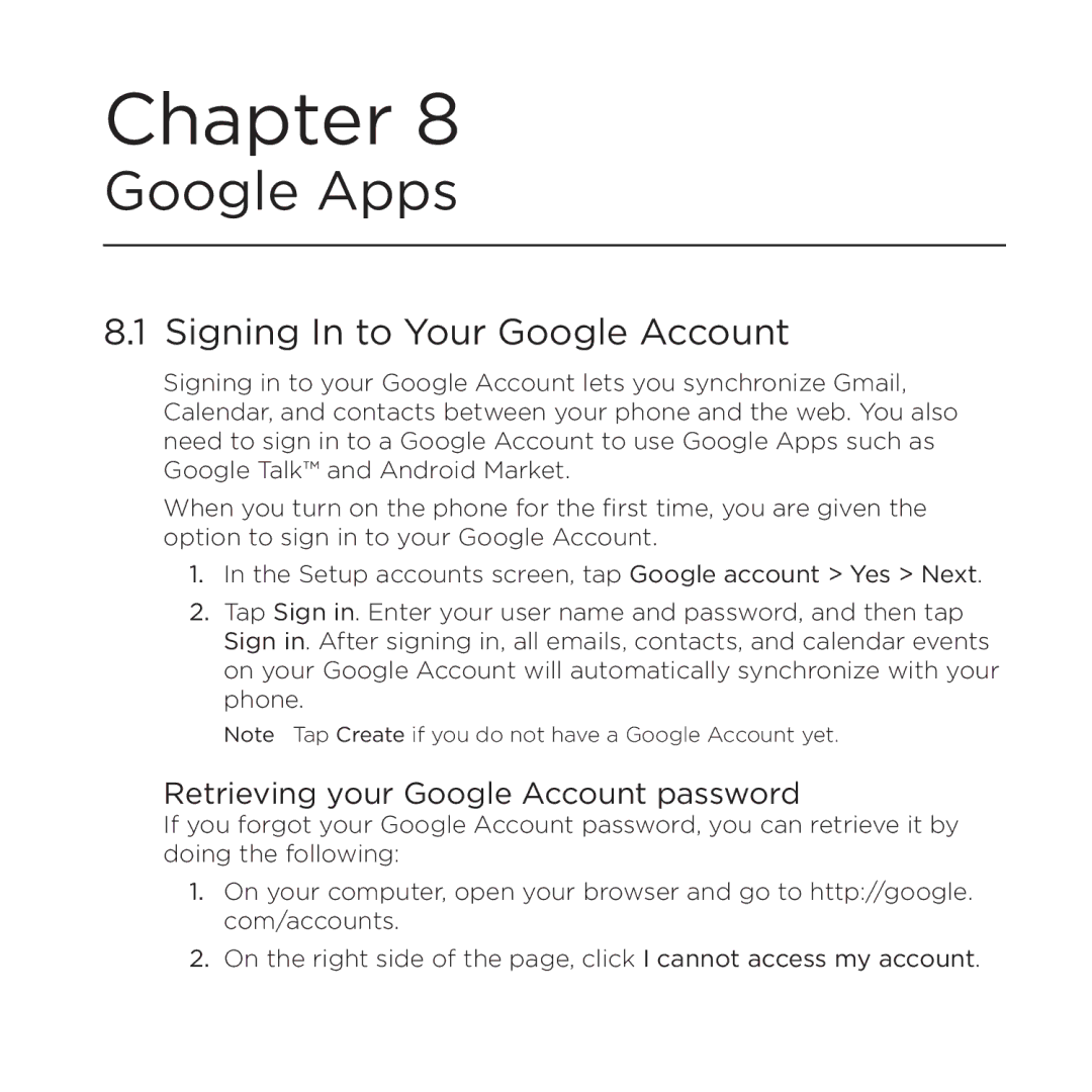 HTC PB00100 user manual Signing In to Your Google Account, Retrieving your Google Account password 