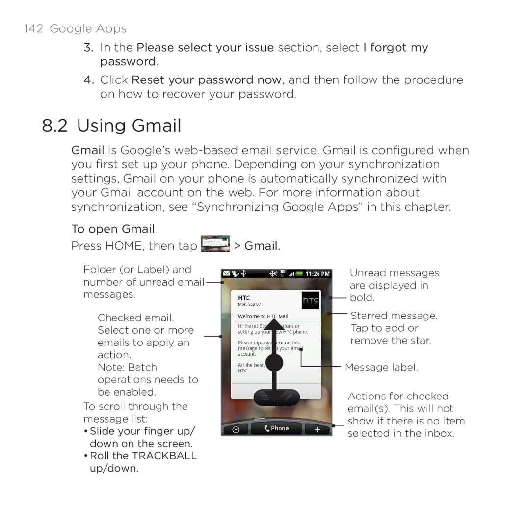 HTC PB00100 user manual Using Gmail, Google Apps 