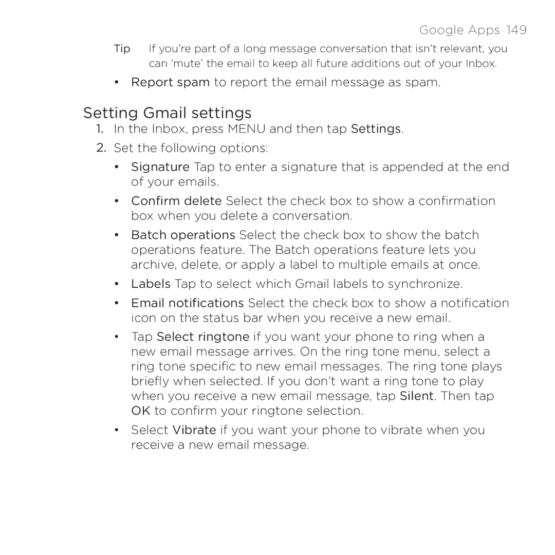 HTC PB00100 user manual Setting Gmail settings 