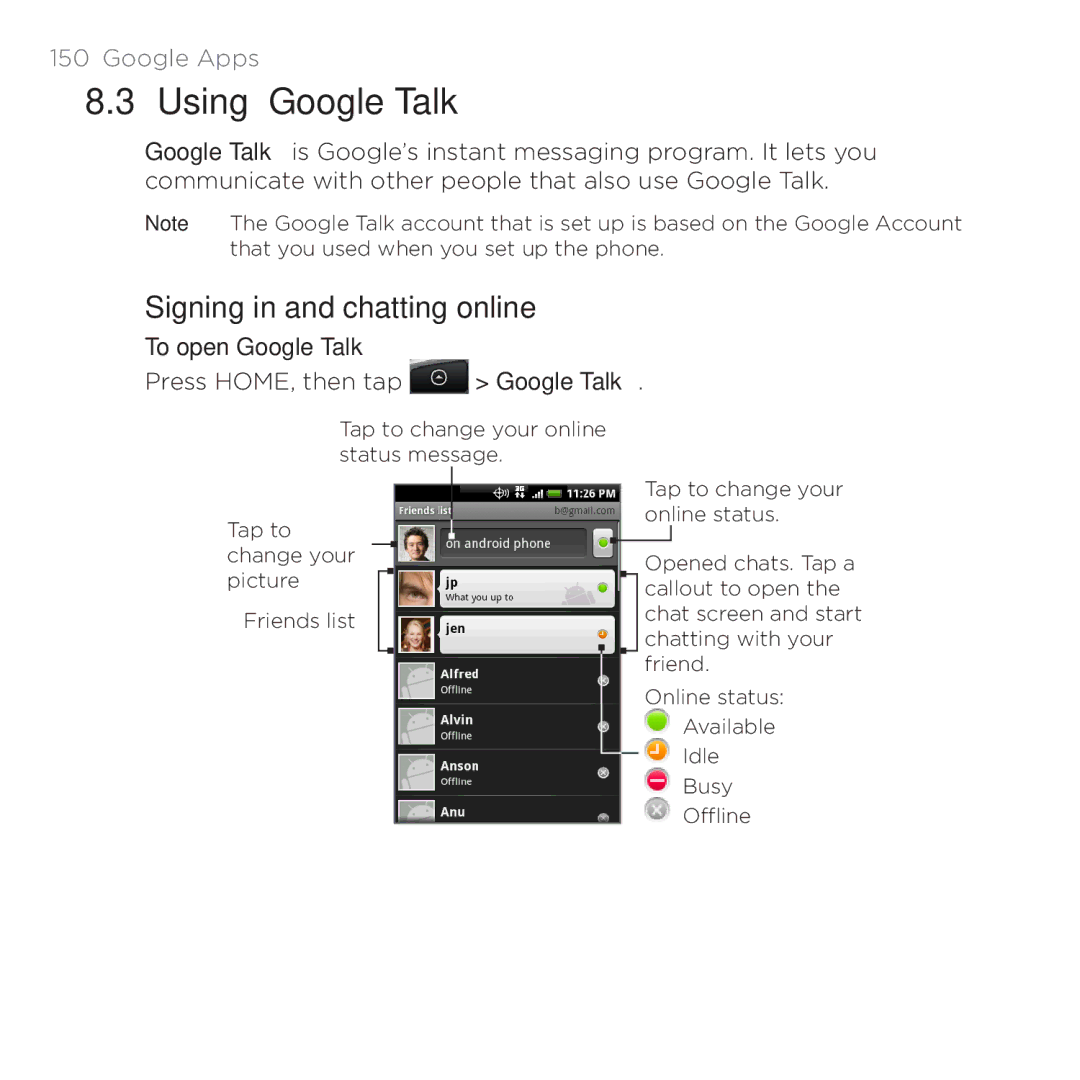 HTC PB00100 user manual Using Google Talk, Signing in and chatting online 