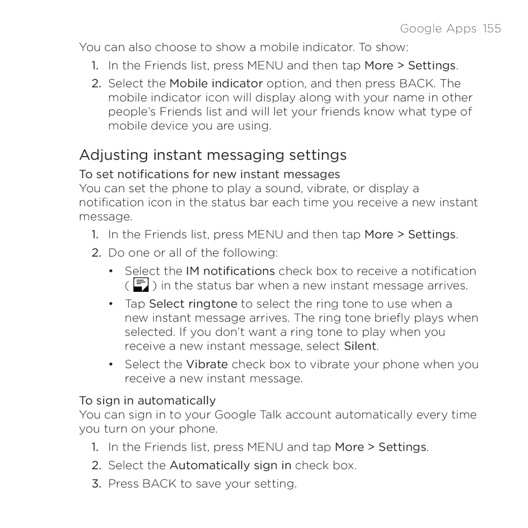 HTC PB00100 user manual Adjusting instant messaging settings 