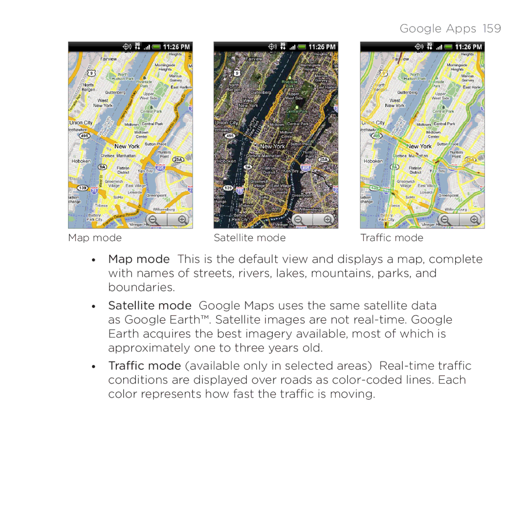 HTC PB00100 user manual Map mode Satellite mode Traffic mode 