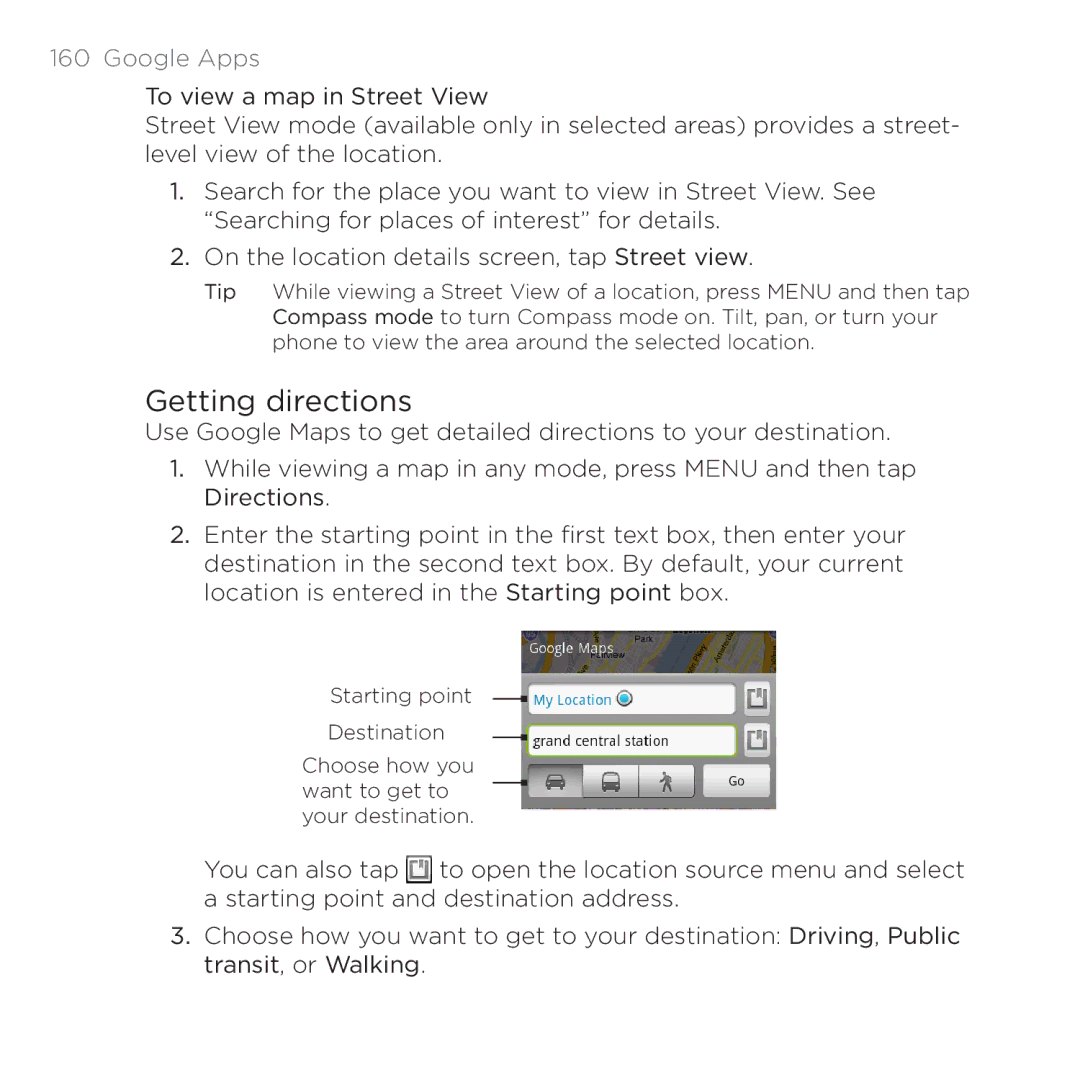 HTC PB00100 user manual Getting directions 