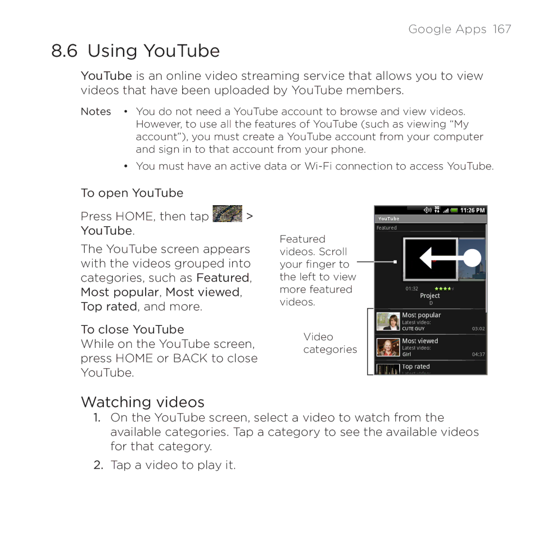 HTC PB00100 user manual Using YouTube, Watching videos 