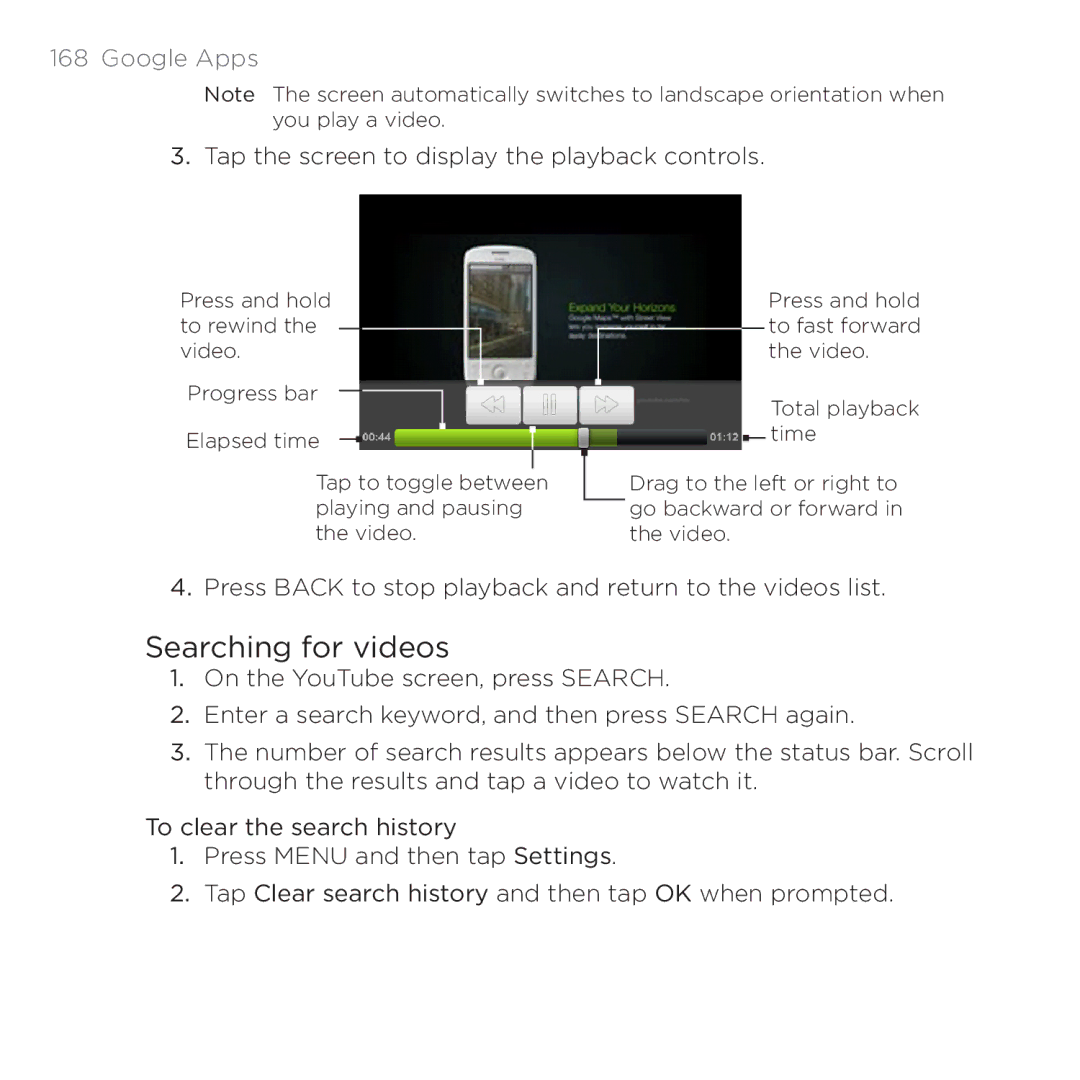 HTC PB00100 user manual Searching for videos, Tap the screen to display the playback controls 