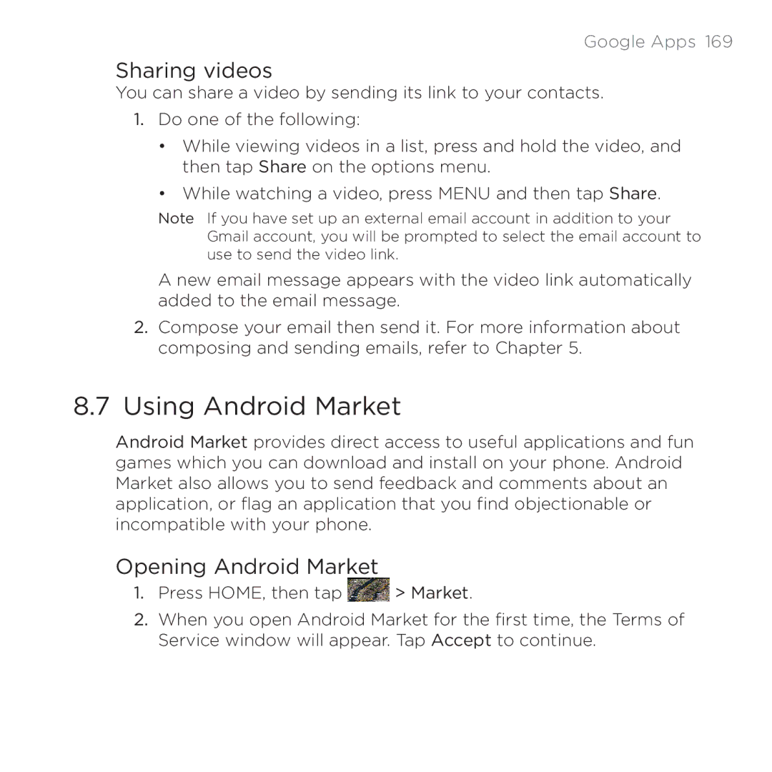 HTC PB00100 user manual Using Android Market, Sharing videos, Opening Android Market 