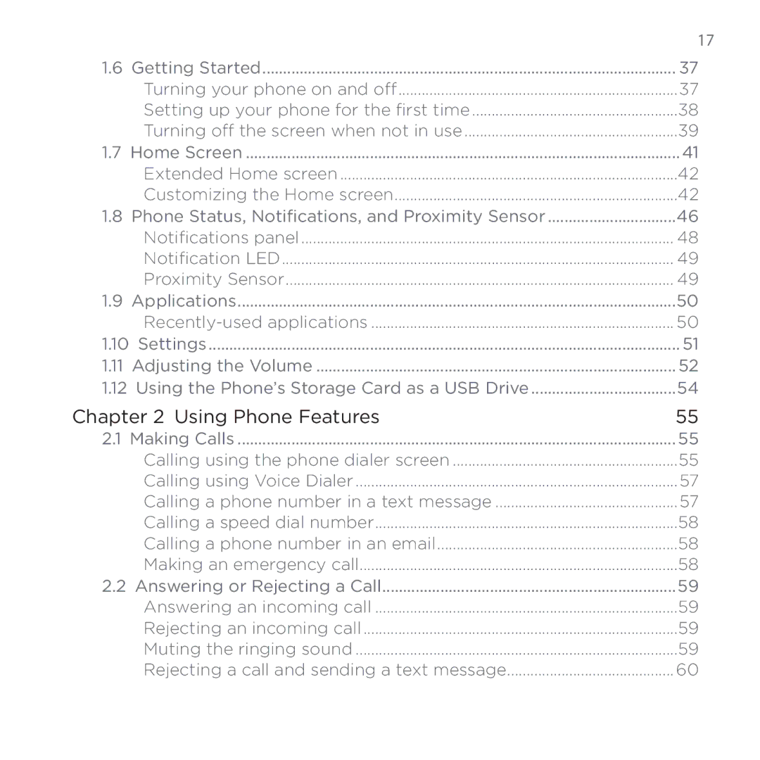 HTC PB00100 user manual Using Phone Features, Phone Status, Notifications, and Proximity Sensor 