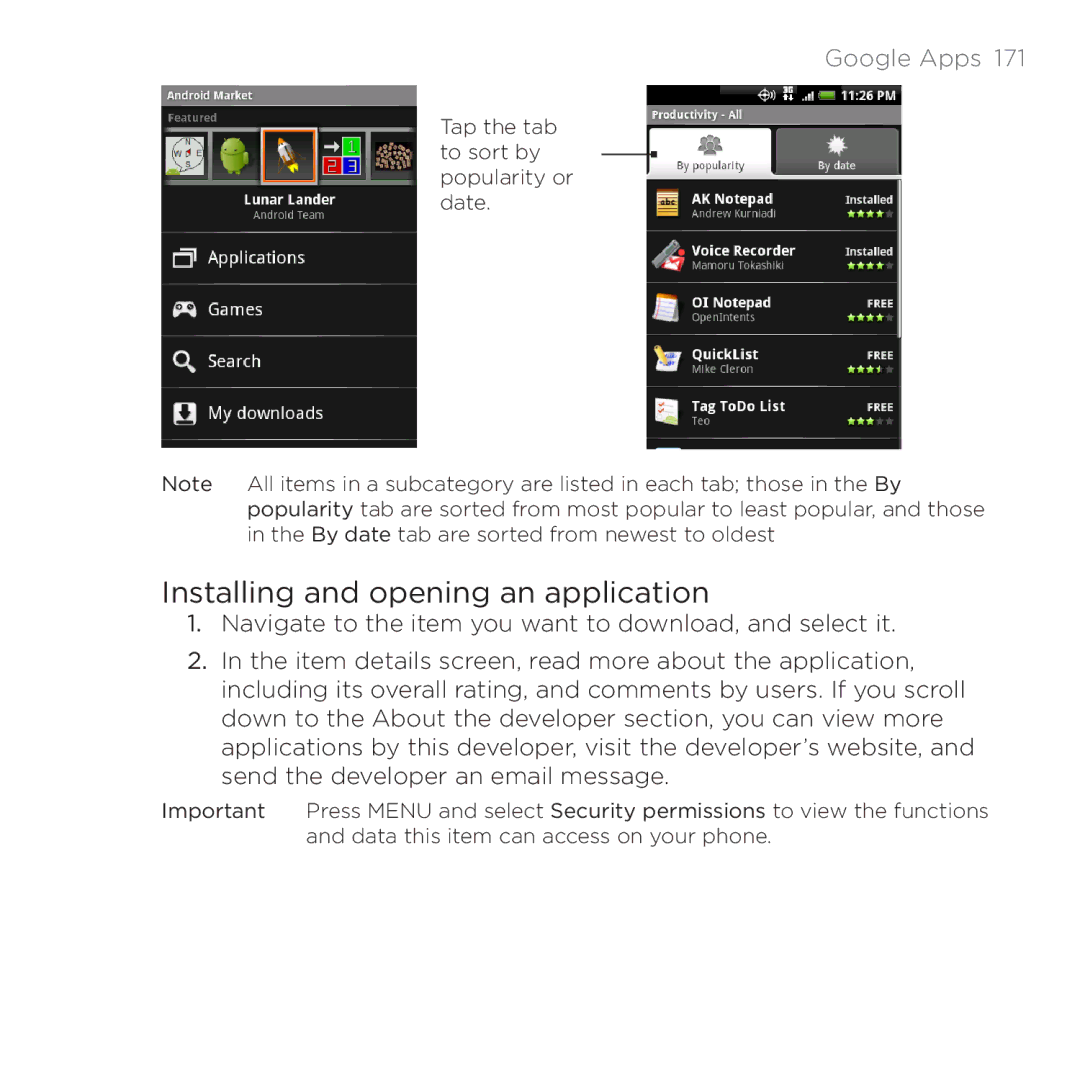 HTC PB00100 user manual Installing and opening an application 